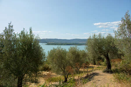 Fantastic view of the countryside of Umbria and a part of Trasimeno Lake, Italy.の写真素材