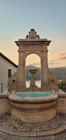 Castel di Tora, Italy - November 07,2021: view of a fountain in Castel di Tora, Italy.のeditorial素材