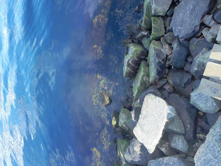 Stones lying on the shores of crystal clear waterの写真素材