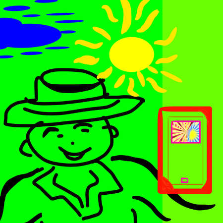smiling man with a phone on a green backgroundの写真素材