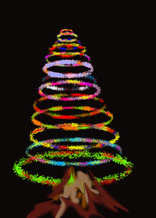 multicolored Christmas tree on a black backgroundの写真素材