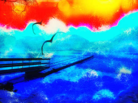birds flying over the wooden pier - Bogstad GÃ¥rdの写真素材