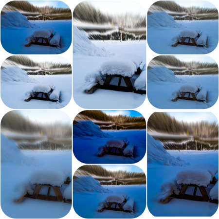 lots of snow on a wooden bench - Sandeの写真素材