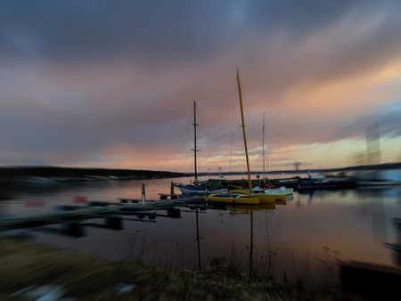 landscape with sunset over water - Lysakerの写真素材