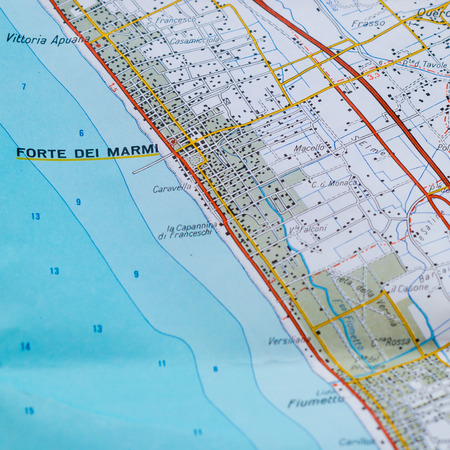 Maps showing some famous tourist locations in Versilia. Useful to indicate a specific place in Tuscany Italy like Forte dei Marmi and others placesの写真素材