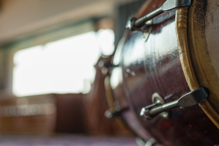 Close-up shot of an Indian percussion musical instrument. It is always used as an accompaniment rhythm during the ceremoniesの写真素材