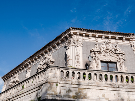 Close up of details of baroque palaces with the blue sky background. From down viewの写真素材