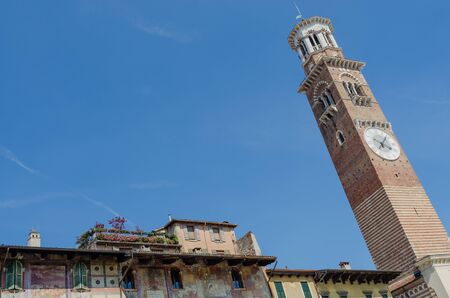 Verona, Italy â 19 July 2014 : Detail of the building that overlooks the famous market in Verona in piazza erbe. The most famous market in Verona. Horizontal viewのeditorial素材