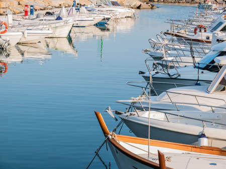 San Bartolomeo al mare - Imperia, Italy - July 19, 2019: Boats moored at the tourist port of San Bartolomeo al mareのeditorial素材