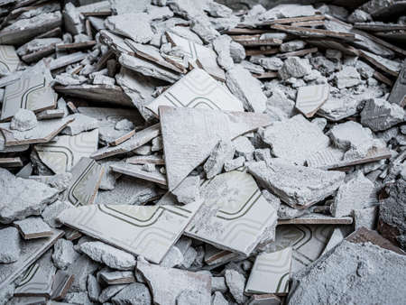 Background made with bathroom tile rubble, concrete and other demolition remains. Horizontal viewの写真素材