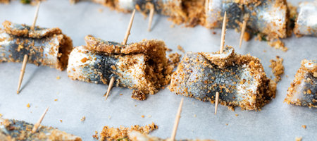 Baked rolled sardines with pine nut dressing, breadcrumbs, raisins, salt and pepper. Typical Sicilian cuisine. Good fish foodの写真素材