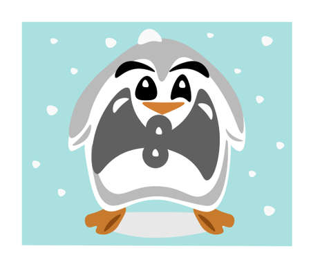 Vector baby penguin with snow and his gray bowtie and light blue backgroundのイラスト素材