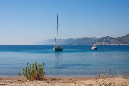 Sail boat and yacht, Adriatic sea near Dubrovnik, Croatiaの写真素材