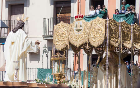 Plasencia, Caceres, Spain, 12-04-2019, Penitents in the beginning of encounter of Jesus Christ with his mother Maryのeditorial素材
