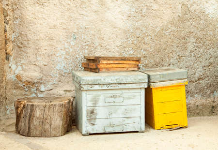 hives and combs waiting to be repairedの写真素材