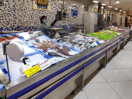 PLASENCIA, SPAIN - DECEMBER 03, 2020: Fresh and frozen fish and shellfish shop at Mercadona supermarketのeditorial素材