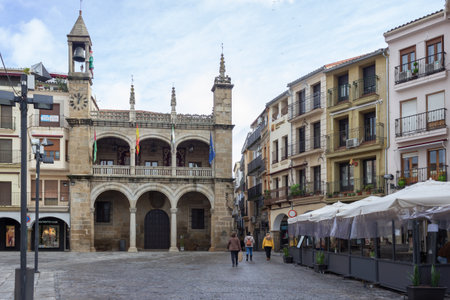 PLASENCIA, SPAIN - DECEMBER 07, 2020: The Main square and the Town hall of Plasencia.