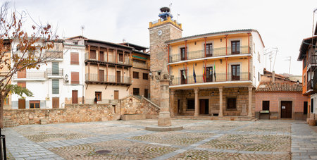 PASARON DE LA VERA, SPAIN - September 09, 2011: Spain's square, Town Hall and clock tower. Buildings, streets and architectur in Pasaron de la Vera.のeditorial素材