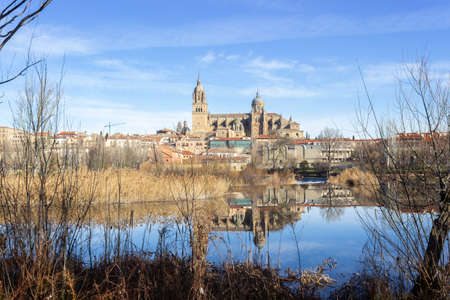 Salamanca, Spain - January 28,2021: Beautiful view of the historic city of Salamanca with New Cathedral reflecting in the river Tormesのeditorial素材