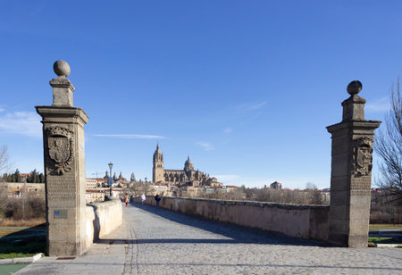 Salamanca, Spain - January 28,2021: Beautiful view of the historic city of Salamanca with New Cathedral and Roman bridge, Castilla y Leon region.のeditorial素材