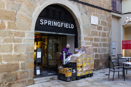 Plasencia, Spain - February 12, 2021: Springfield logo on their main store in Plasencia. Springfield...