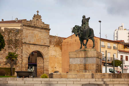 Plasencia, Caceres, Spain - February 17, 2021: Statue equestre Alfonso VIII of Castile.