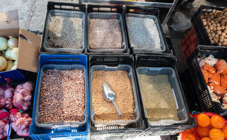 Beans, chickpeas and lentils on flea market place in Spain, legmes