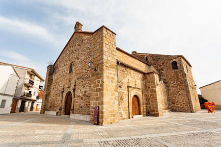 Robledillo de la Vera, Spain - March 05, 2021: View of the church called San Miguel Arcangel in the town of Robledillo de la Vera in Extremaduraのeditorial素材