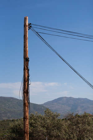 Looking up at telegraph pole with many wiresの写真素材