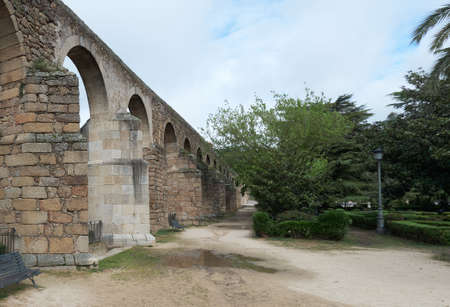 Plasencia, Spain - April 02, 2021: Aqueduct of San Anton in the city of Plasencia, Caceres, Spain