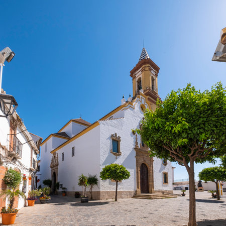 Estepona, Malaga, Spain - June 07, 2022: Church of our lady of remedies, Nuestra Senora de los Remedios, in the upper part of the town of Estepona, Costa del Sol, Spain.のeditorial素材