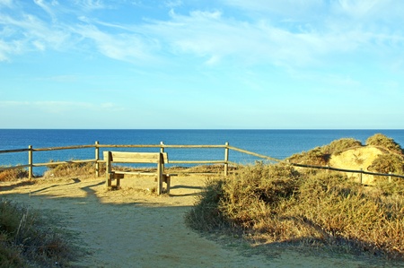 Garden bench in the rocksの写真素材