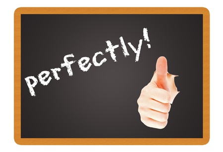 blackboard with hand and thumbs upの写真素材