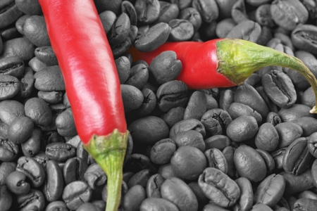 Chilli peppers with coffee beansの写真素材