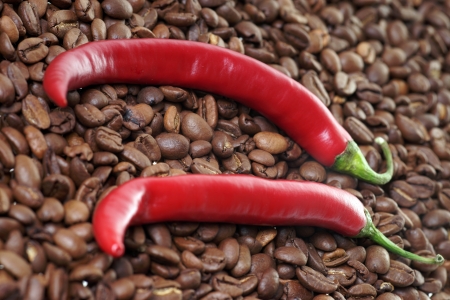 Chilli peppers with coffee beansの写真素材