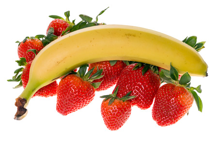 Strawberries and banana isolated over a white backgroundの写真素材