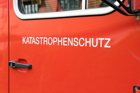 Emergency vehicle with the German word disaster preventionの写真素材