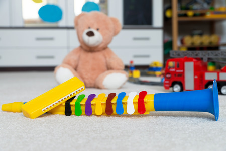 Teddy bear with a clarinet and harmonicaの写真素材