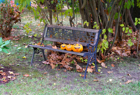 Three pumpkins with face on a garden benchの写真素材
