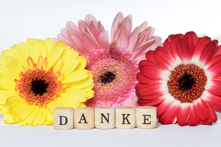 Flowers and wooden cubes with the german word Thank youの写真素材