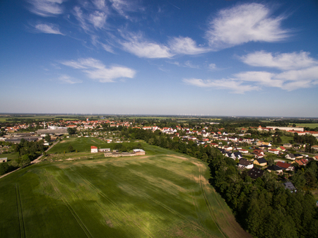 Aerial view of a city with blue skyの写真素材