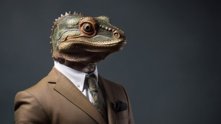 Studio portrait of a lizard in an executive suit created with Generative AI technology.の素材