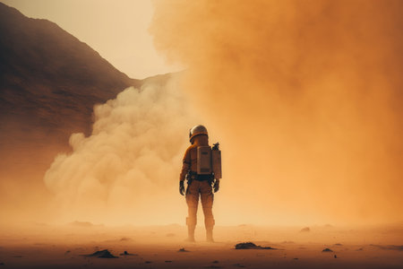 Back shot of an astronaut on the planet Mars in the middle of a dust cloud created with Generative AI technology.の素材