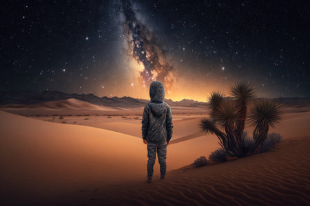 Back view of a child in the desert looking at the Milky Way created with Generative AI technology.の素材