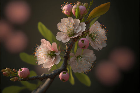 Branch with hyper-realistic cherry blossoms created with Generative AI technology.の素材