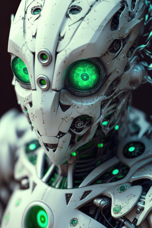 Close-up of a robot covered in white porcelain skin with green eyes created with AI Generative technology.の素材