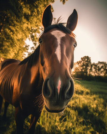 AI generated a close-up of a horse looking at the camera in a meadow at sunset.の素材