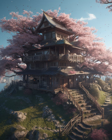 AI generated a large wooden house embedded in a giant cherry blossom tree.の素材