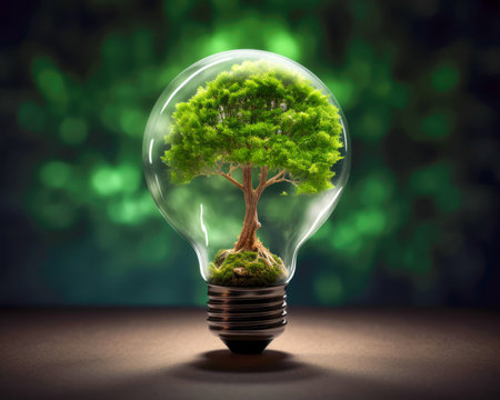 AI generated a light bulb with a green leaf tree inside created with Generative AI technology.の素材