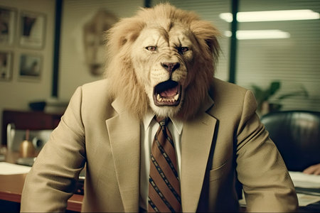 Portrait of a lion roaring in an office dressed in an executive suit created with Generative AI technology.の素材
